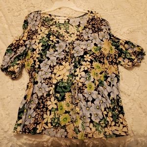 H&M Floral Print Tie Front Puff Sleeve Top Size M